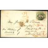 1852 envelope to Virginia, USA, franked 1s embossed, cancelled numeral '557' of Newmarket, obverse