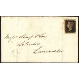 1840 Feb cover to Lancaster franked Plate 1b NI, good to large margins, cancelled red MC, reverse
