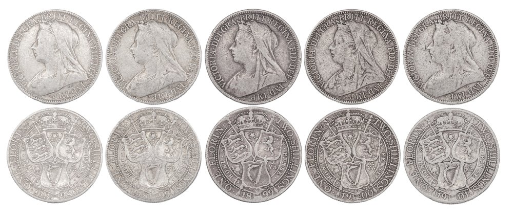 1898, 1899 (2), 1900 & 1901 florins, all fine. (5)