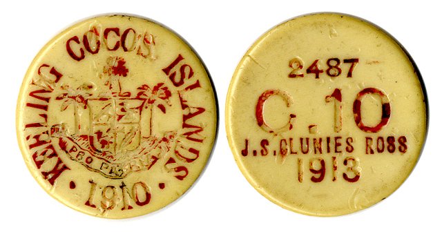 Keeling - Cocos Islands - 1913 10c in 'plastic ivory' VF, rare. Serial No. 2487.