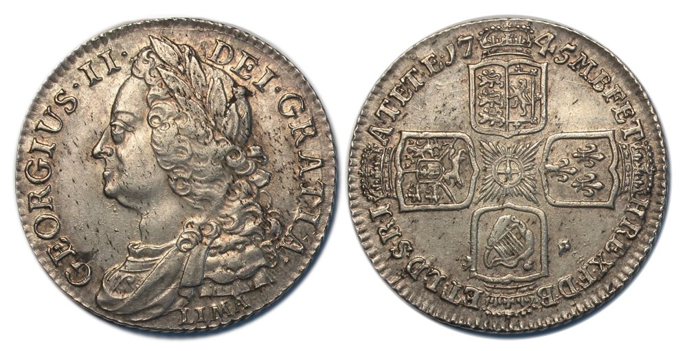 1745 Lima shilling, EF with nice light tone and peripheral brilliance.