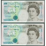 Kentfield QEII £5 (2) issued 1991, B364, consecutives, series DB39 449417 & DB39 449417, Pick 382Aa,