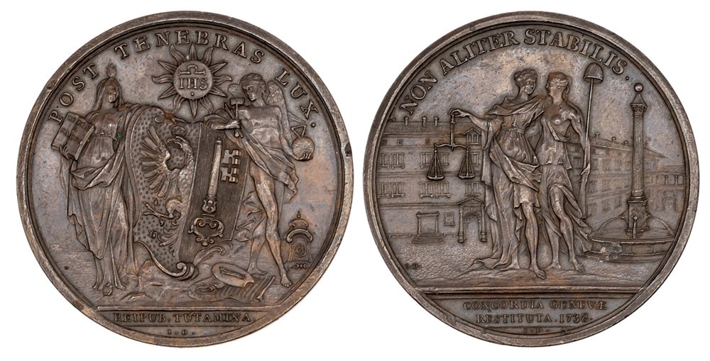 1738 Switzerland, The Pacification of Geneva, copper medal, by J. Dassier, Arms of Geneva between