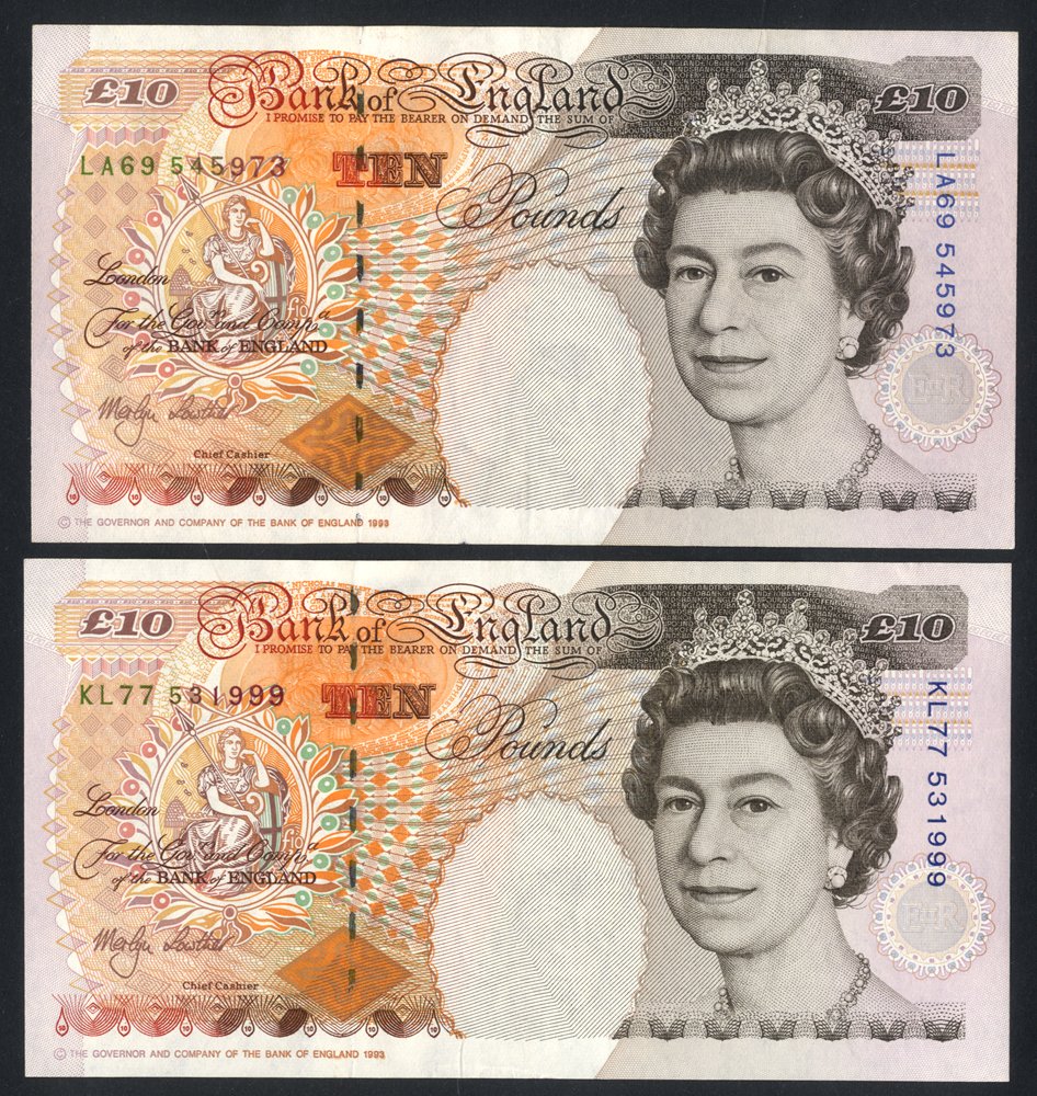 Lowther QEII £10 (2) issued 1999, B382, series KL77 & LA69, Pick 386b, about UNC. (2)