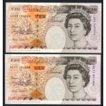 Lowther QEII £10 (2) issued 1999, B382, series KL77 & LA69, Pick 386b, about UNC. (2)