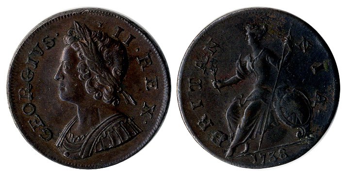 1738 halfpenny, AEF, the reverse a little dirty, but an attractive coin. S3717