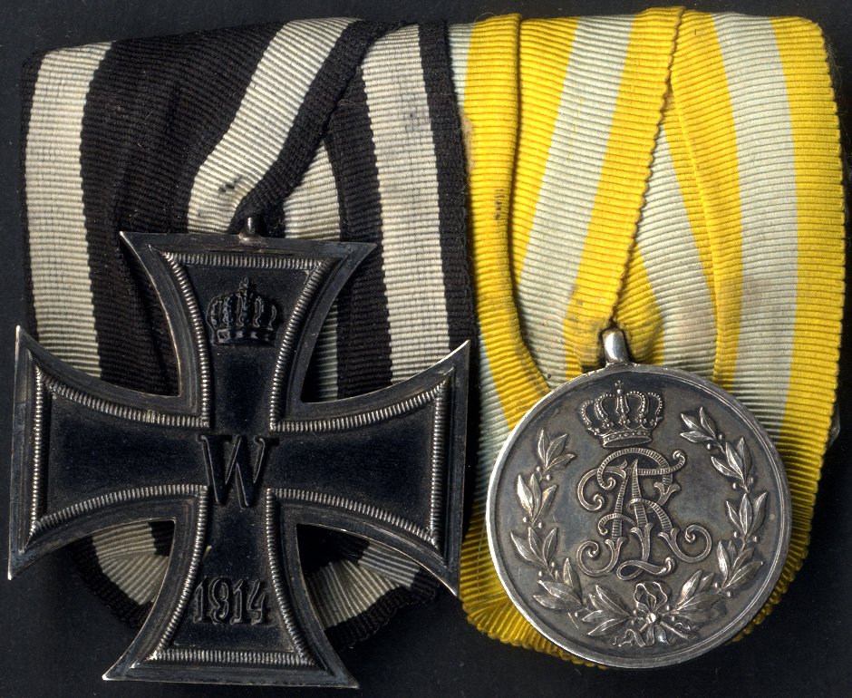 PAIR - WWI German Iron Cross and The Silver Friedrich August Medaille medal, mounted as worn with