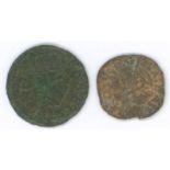 Copper farthing, VF plus a Charles I, similar with rose, GVF but a little porous. (2).