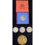 1911 Small silver official medals (4), George V large bronze Coronation medal, VF, Jubilee 1935 (