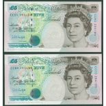 Kentfield QEII £5 (2) issued 1991, B364 consecutive pair CC50 284194 & CC50 284195, Pick 382Aa, UNC.