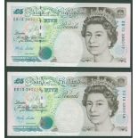 Lowther QEII £5 (2) issued 1999, B380, consecutive ED13 385017 & ED13 385018, Pick 382c, flick