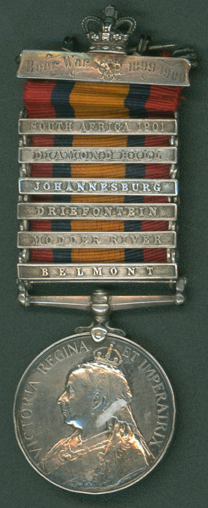 Queen's South Africa Medal with ghost dates, six clasps, Belmont, Modder River, Driefontein,