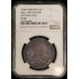 1746 proof halfcrown, VICESIMO, NGC slabbed PF64, superb FDC with wonderful 'antique' toning. An