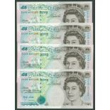 Lowther QEII £5 (4) issued 1999, B380, consecutive, first series EA49 624985 to EA49 624988, Pick