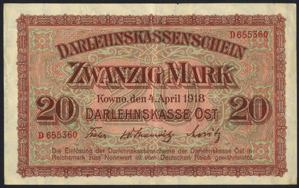 Germany Darlehnskassenchein 20 mark, Kowno 1918, German Occupation of Lithuania WWI, Pick R131a,