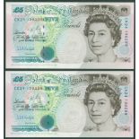 Kentfield QEII £5 (2) issued 1991, B364 consecutive pair CK24 139295 + CK24 139296, Pick 2382Aa,