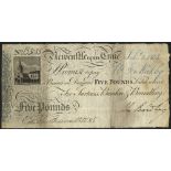 Newcastle upon Tyne £5 dated 1802 series B5085 for Surtees's, Burdon & Brandling, outing 1502h,