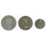 1687/6 fourpence, fine but reverse scratches, 1685 threepence, AVF and 1687 penny, GF holed.