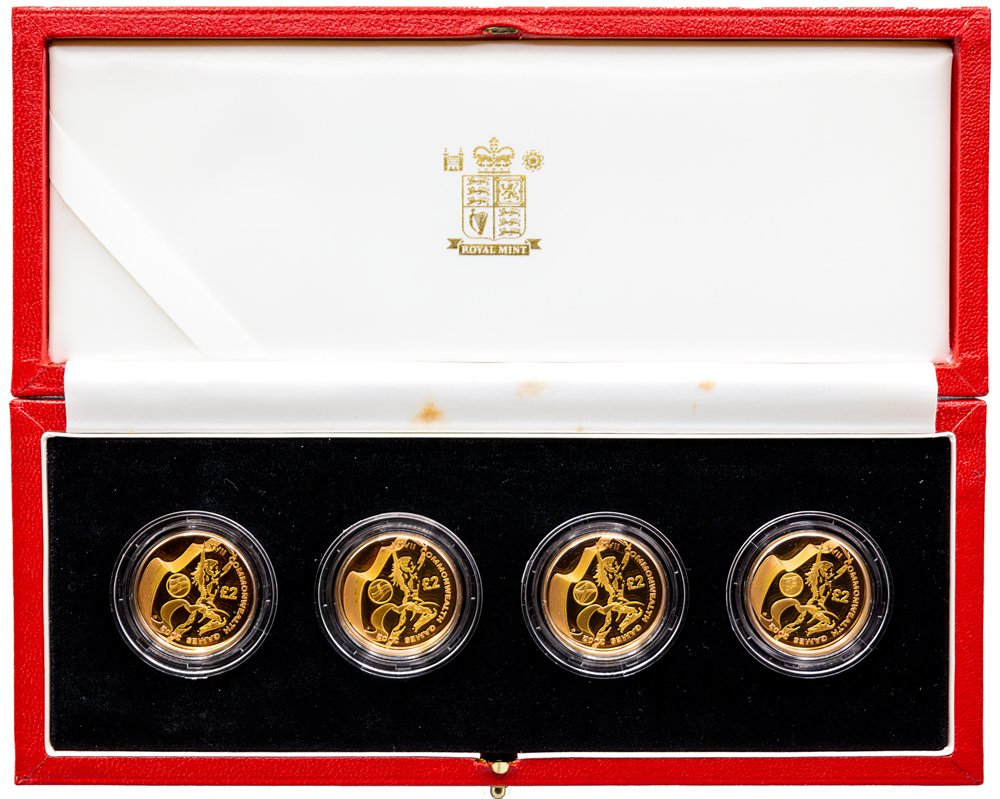 2002 Royal Mint Commonwealth Games £2 (4) Gold Proof set, a few stains on inside of case. S.PGCS01.