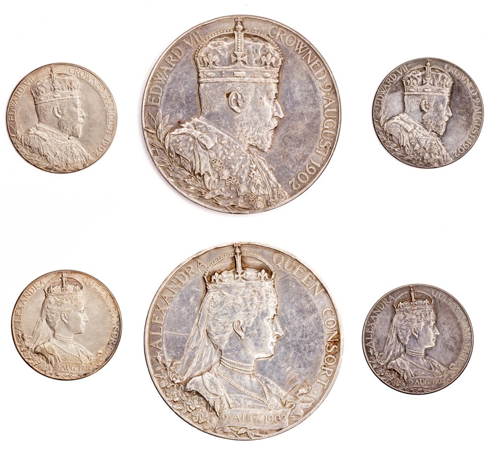 1902 Edward VII, official silver Coronation medals (3) large & small, by G. W. De Saulles, crowned