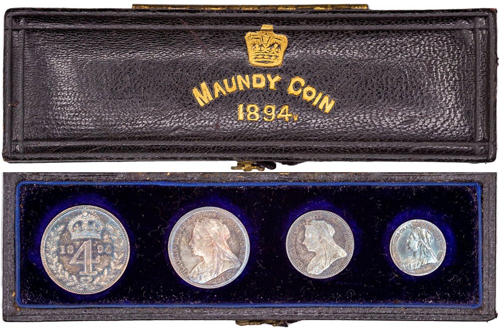 1894 Victoria OH maundy set, UNC with deep blue toning, in the original Royal Mint long box of