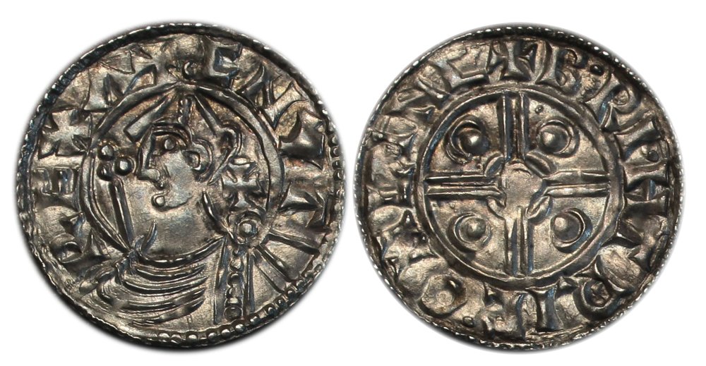 Penny (1016-1035) pointed helmet with cross behind head, short cross type, Lincoln, moneyer BRIHTRIC