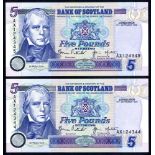 Bank of Scotland £5 (2) dated 13th September 1996, consecutive series, AX124344 & AX124345, Pick
