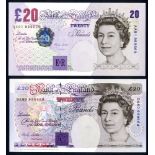 Lowther QEII £20 (2), a last and first run, matching numbers, B384, series DA80 999569 & B386 series