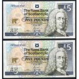 Royal Bank of Scotland £5 (2) dated 14th July 2005, Jack Nicklaus Commemorative pair series JWN