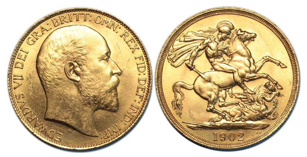 1902 gold two pounds, UNC and quite a choice coin with full lustre. Attractive.