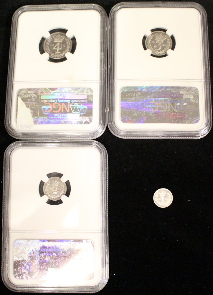 1850 Victoria YH maundy set, brilliant UNC, all but the penny in NGC slabs, graded MS63, 65 & 63