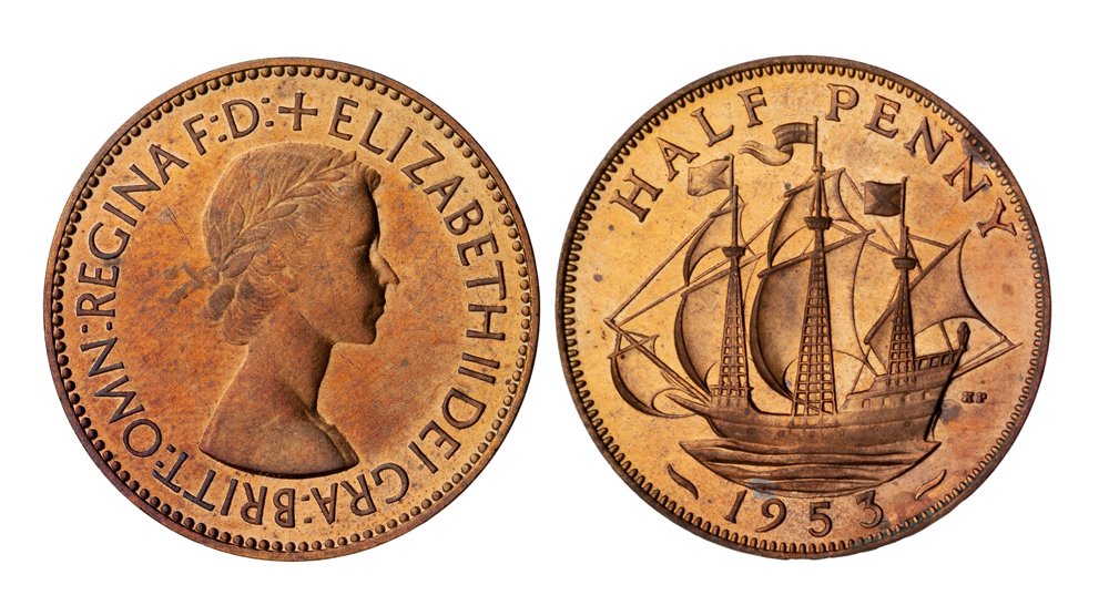 Exceedingly rare proof 1953 halfpenny of the same obverse 1 type as found in the 'plastic' sets, but