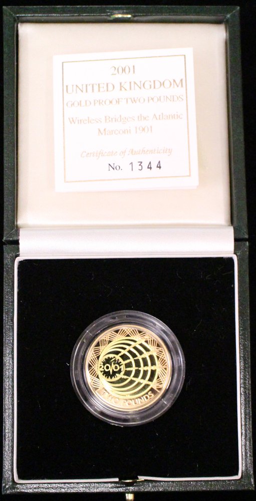 2001 Royal Mint £2 Marconi Gold Proof, cased/cert, SK11.