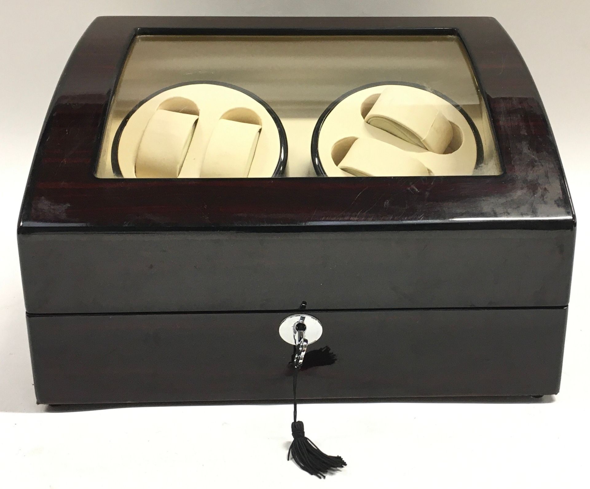 Wooden watch winder watch case. Space to store up to 10 watches including winders for up to 4