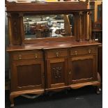 Victorian mahogany brake front mirror back side board, with pillared upper shelf ,brass drop