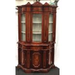Italian style two part glazed bookcase/display cabinet with inlaid wood decoration 210x125x42cm.