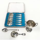 Boxed set silver tea spoons together a silver caddy spoon and misc silver items