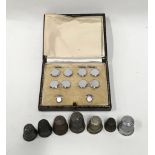 Set of collar studs in fitted box together with a collection of seven thimbles (one being hallmarked