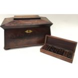 Antique tea caddy with two hinged internal compartments along with a set of vintage wooden