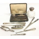 Collection of silver items to include an antique boxed nail care set (with later steel scissors),