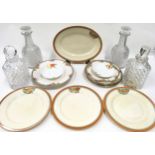 Clarice Cliff Bizarre pattern plates x4 together with four cut glass decanters and a selection of