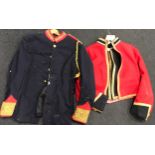Pair of vintage military ceremonial dress uniform jackets, one with associated waistcoat