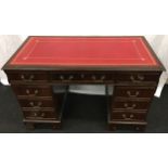 Mahogany pedestal desk comprising of three pieces with red leather inlaid top 121x61x80cm.