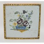 French (Northern France) early polychrome tile depicting a basket of flowers c1800s, 4.6" x 4.6"