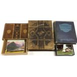 Collection of ephemera to include schoolboy stamp collection in a quickchange album. A leather bound