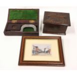 Antique micrometer in wooden case together with apprentice piece wooden box and a miniature picture.