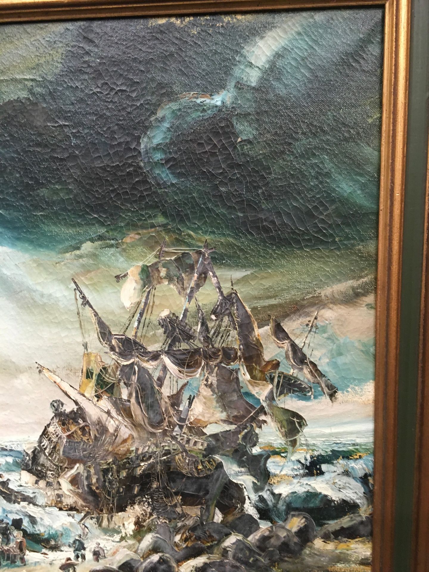 Gilt frame oil on canvase of a smuggling wrecking crew signed at bottom corner 105x75 cm - Image 4 of 7