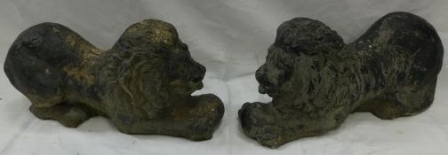 Vintage garden statuary. Pair of large recumbent composite lions approx 21" across and 10" tall