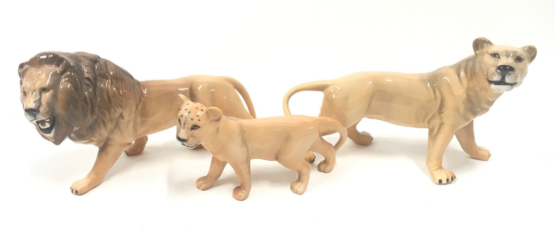 Beswick family of three lions the largest measuring 14x23x8cm. Overall in very good condition, no