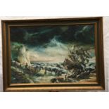 Gilt frame oil on canvase of a smuggling wrecking crew signed at bottom corner 105x75 cm